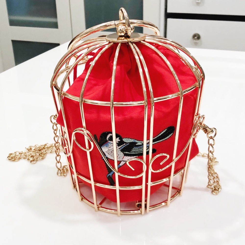 Bird cage crossbody bag gold metal red pouch purse